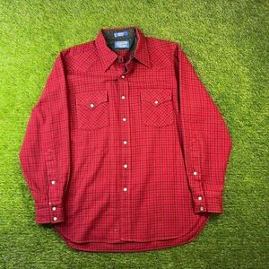 VTG Pendleton High Grade Western Wear Red Plaid Pearl Snap Wool Shirt Size L